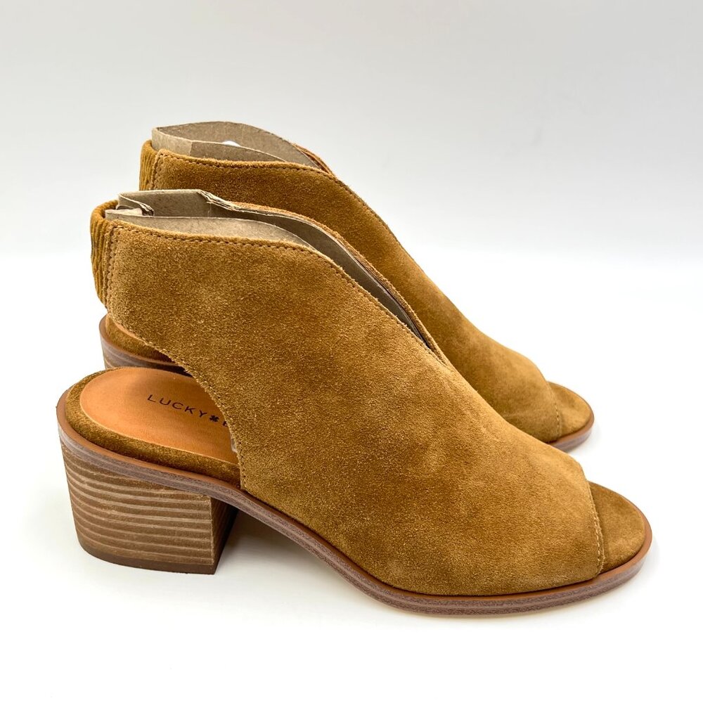 Lucky Brand Womens Size 6 Terif Brown Suede Leather Peep Toe Heels Booties Shoes